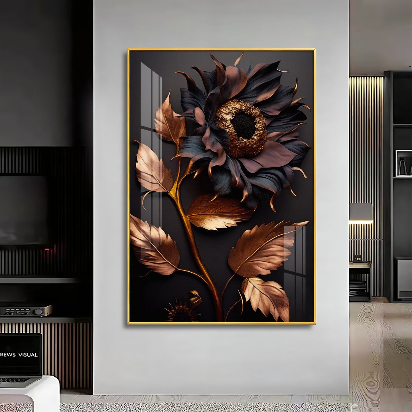 Midnight Sunflower Elegance Glass Finish Vertical Wall Art