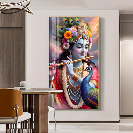 Lord Krishna Flower Crown Glass Finish Vertical Wall Art