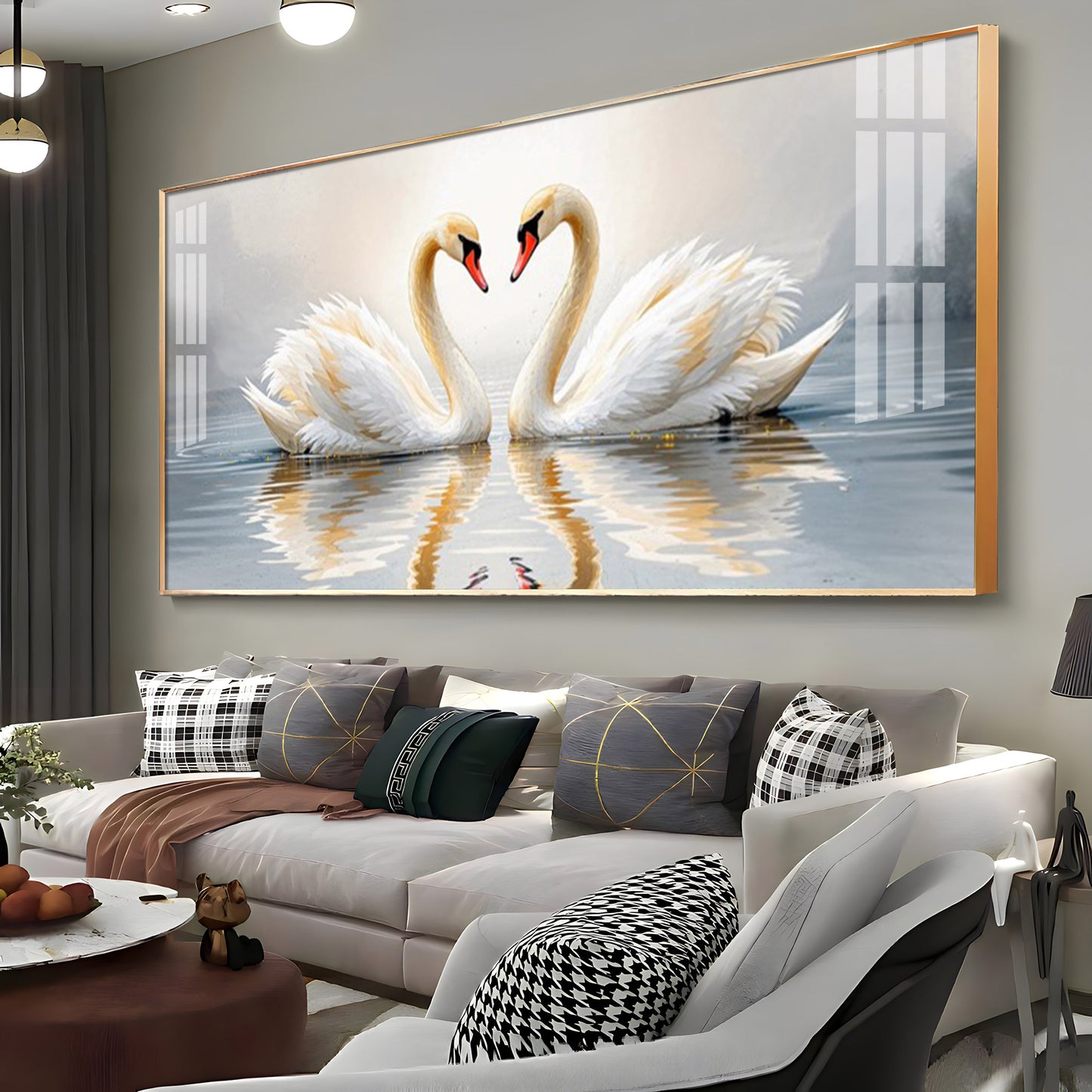 Two White Swan Glass Finish Horizontal Wall Art