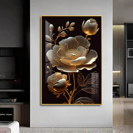 Midnight Floral Symphony Glass Finish Vertical Wall Art