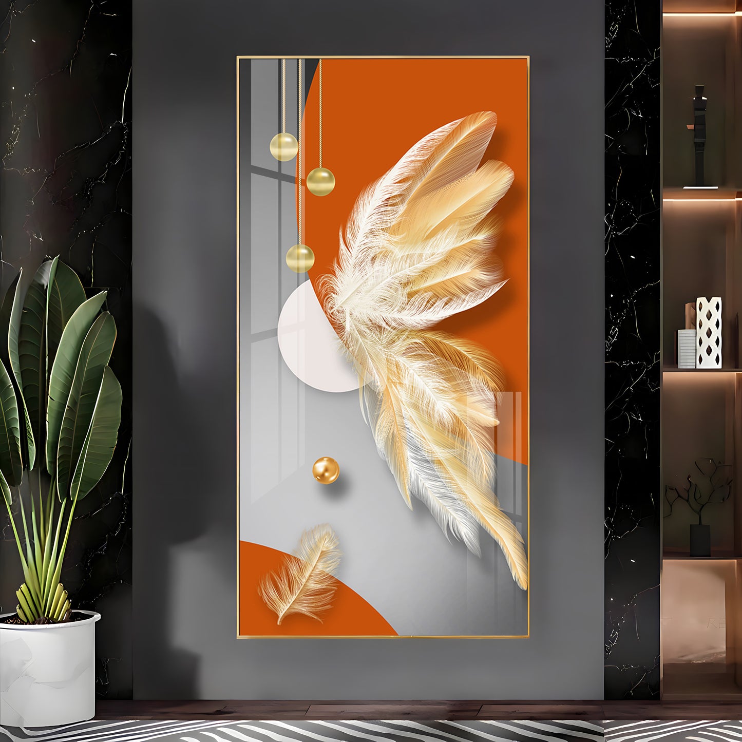 Whimsical Feather Glass Finish Vertical Wall Art