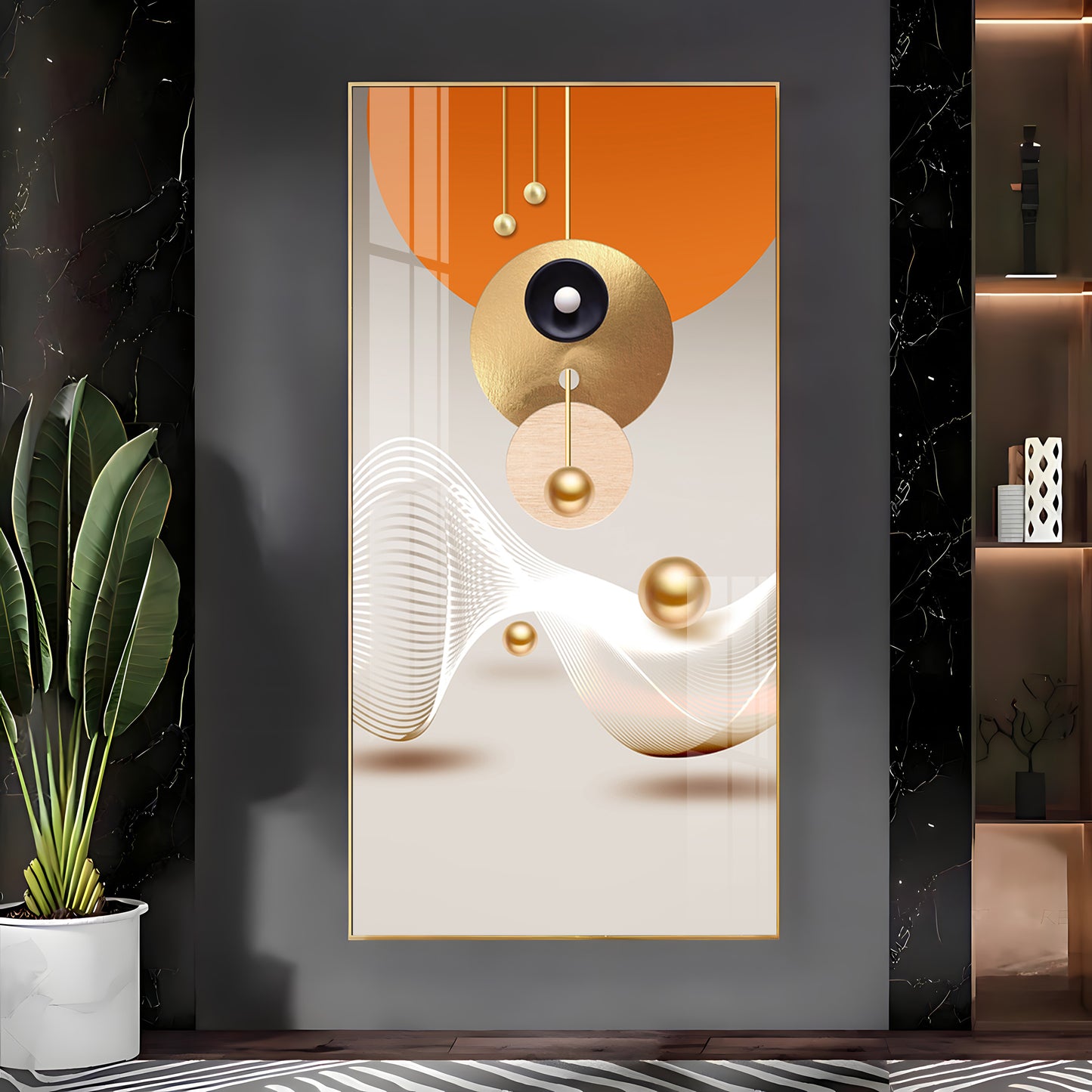 Golden Circle Geometry Glass Finish Vertical Wall Art