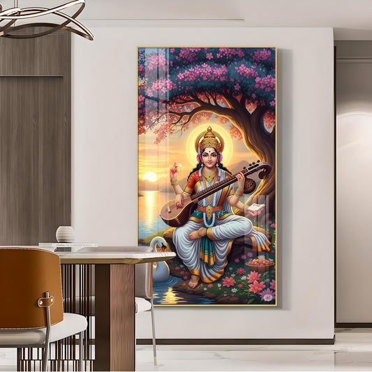 Goddess Saraswati Glass Finish Vertical Wall Art