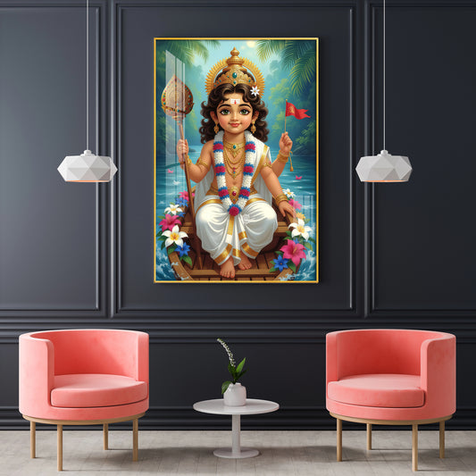 Hindu Lord Kartikeya Ji Glass Finish Vertical Wall Art