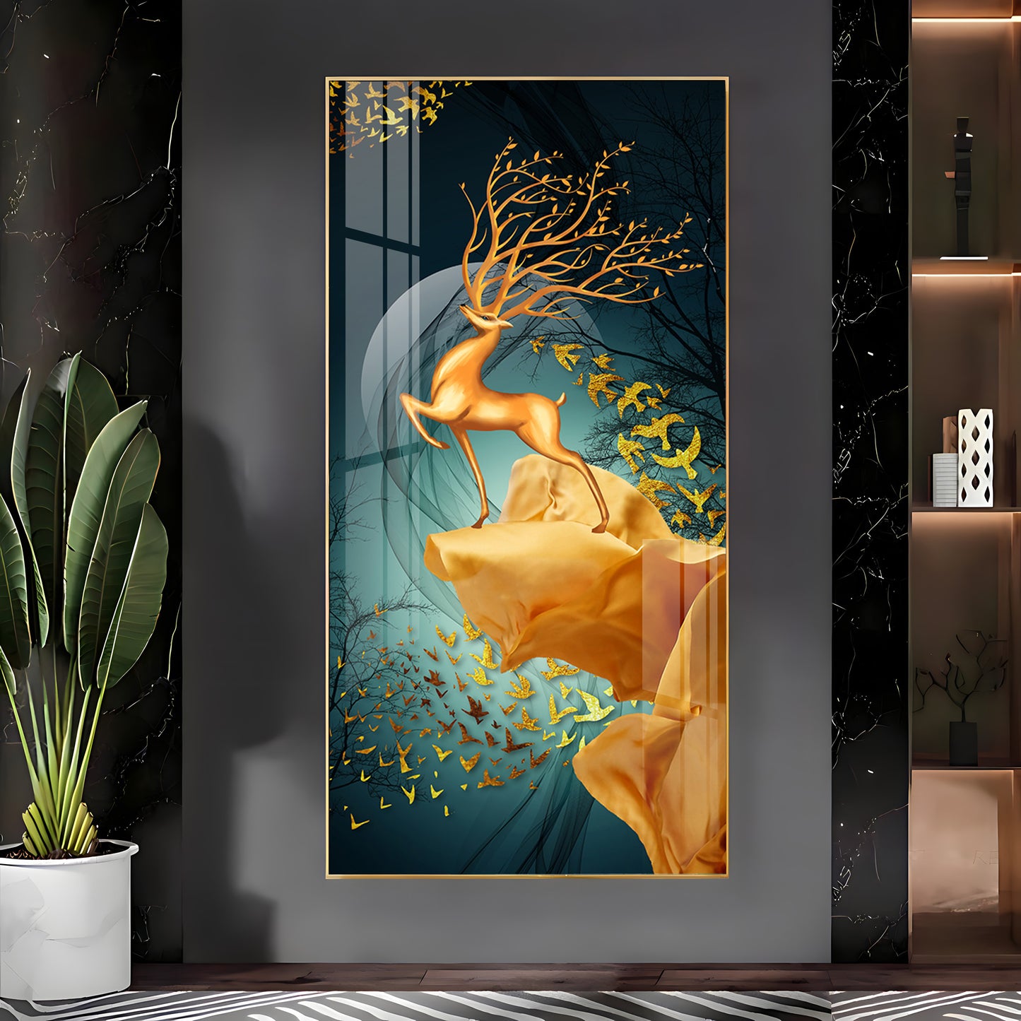 Golden Deer Jumping Glass Finish Vertical Wall Art