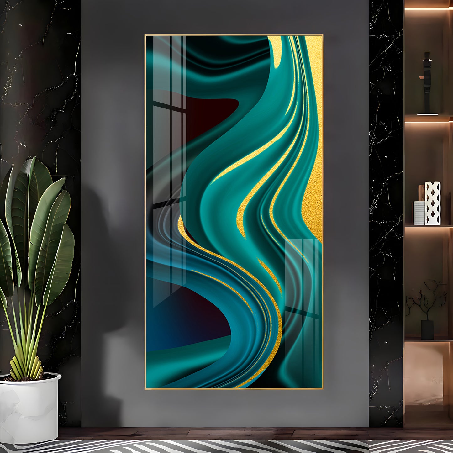 Green Abstract Art Glass Finish Vertical Wall Art