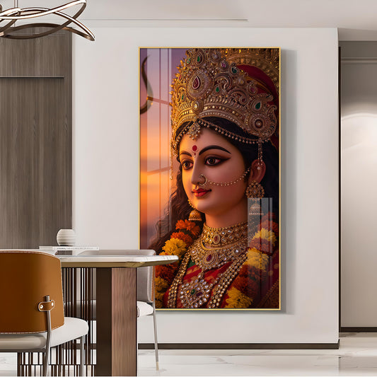 Maa Durga Glass Finish Vertical Wall Art