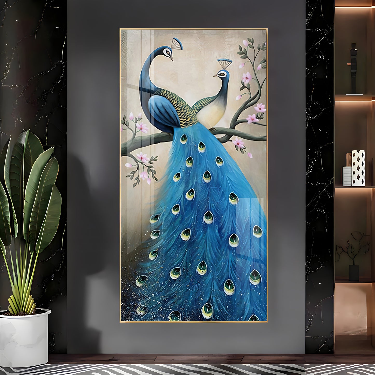 Dual Peacock Serenity Glass Finish Vertical Wall Art