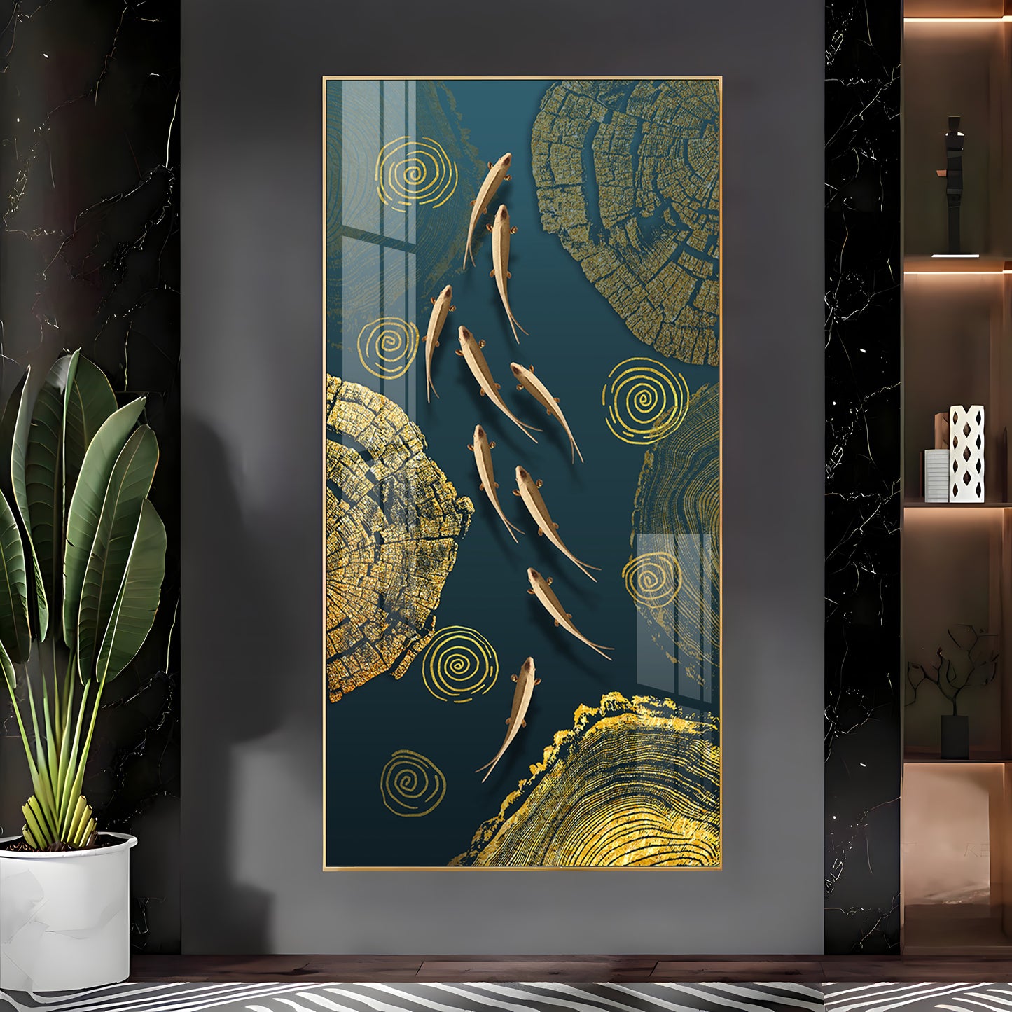 Green Koi Fishes Glass Finish Vertical Wall Art