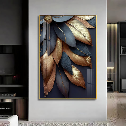 Golden Petal Elegance Glass Finish Vertical Wall Art