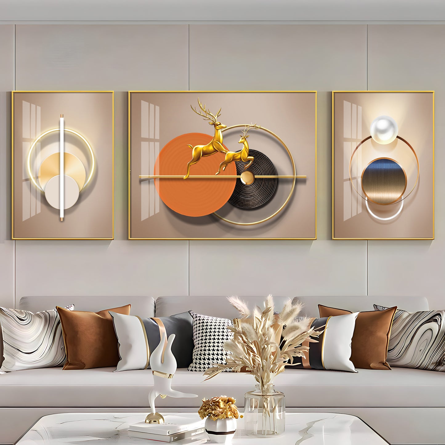 Golden Dancing Deer Glass Finish Wall Art (Set Of 3)