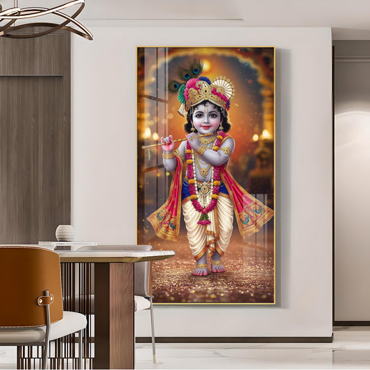 Divine Little Krishna Glass Finish Vertical Wall Art