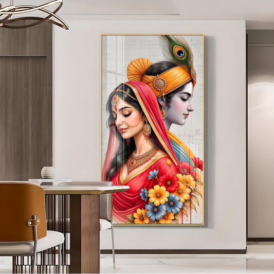 Loving Radha Krishna Glass Finish Vertical Wall Art