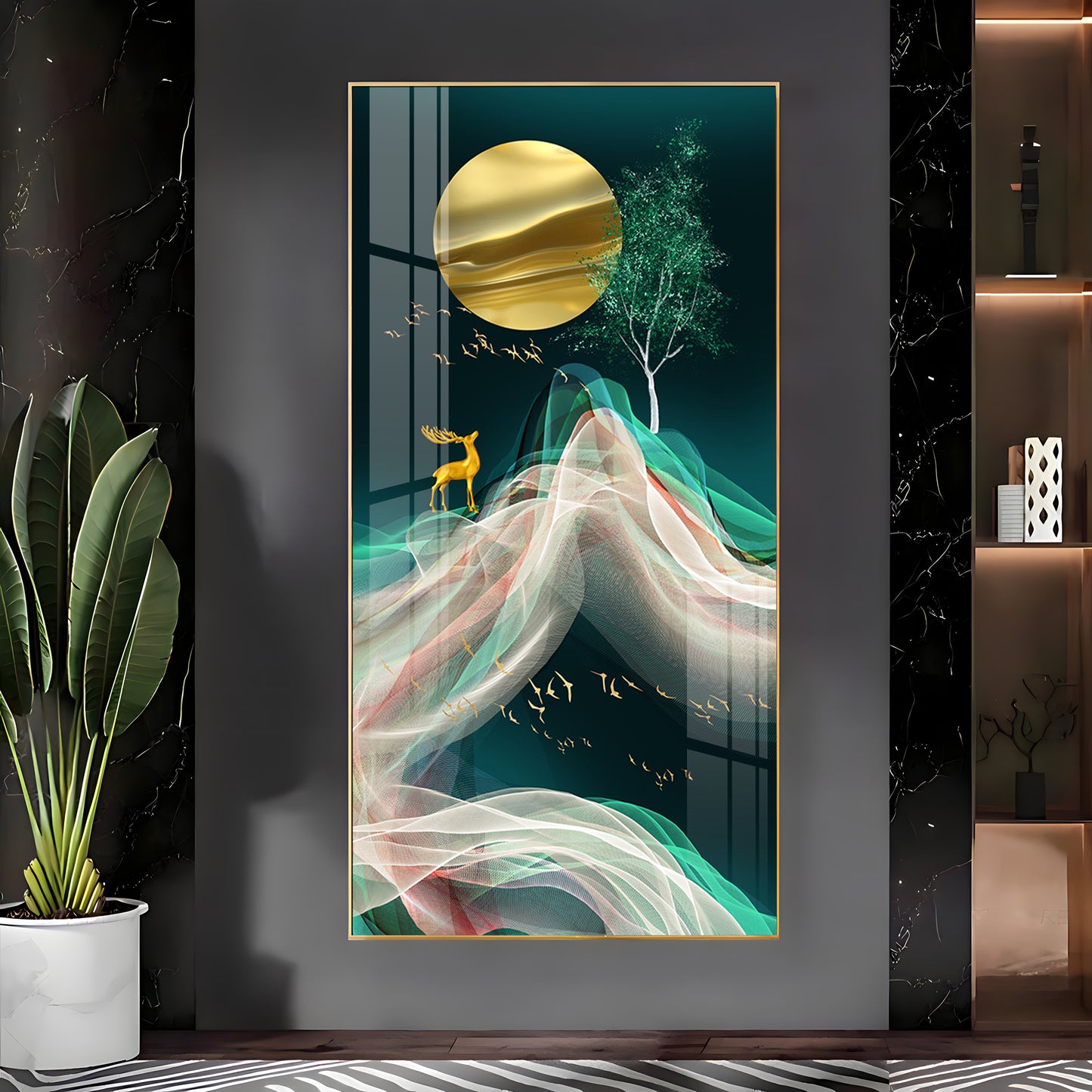 Deer with Golden Moon Glass Finish Vertical Wall Art