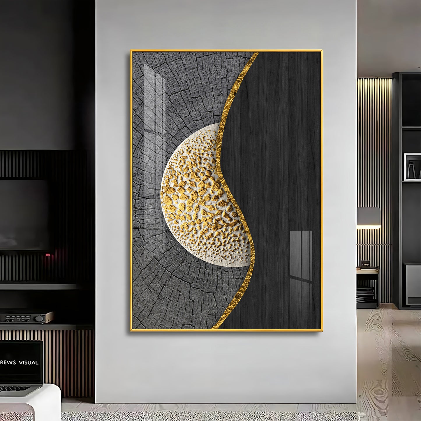 Golden Harmony Glass Finish Vertical Wall Art