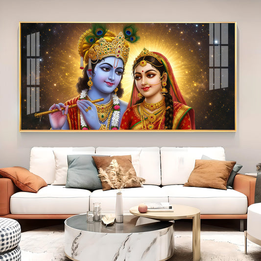 Sri Radhe Krishna Loving Charm Glass Finish Horizontal Wall Art