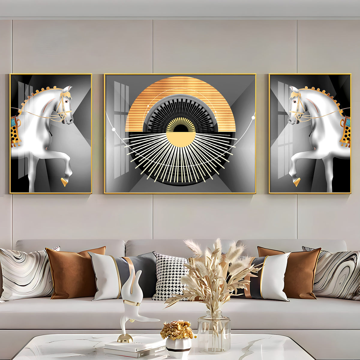 White Horse Harmony Glass Finish Wall Art (Set Of 3)