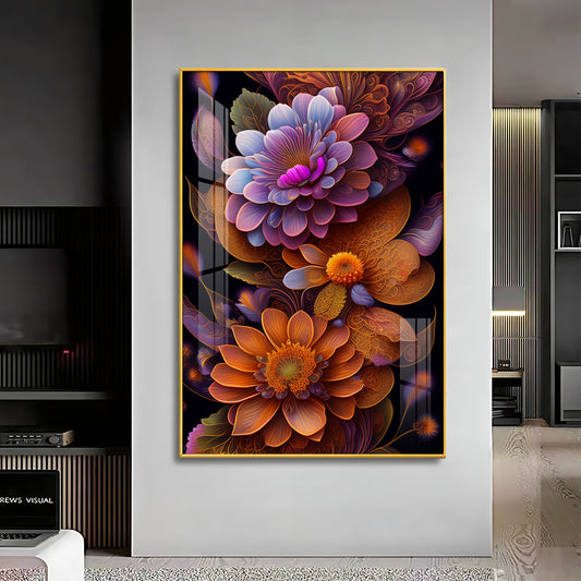 Floral Symphony Glass Finish Vertical Wall Art