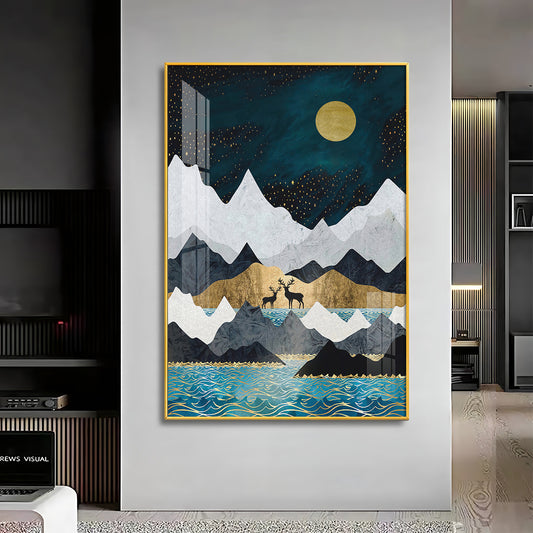 Moonlit Mountain Reverie Glass Finish Vertical Wall Art