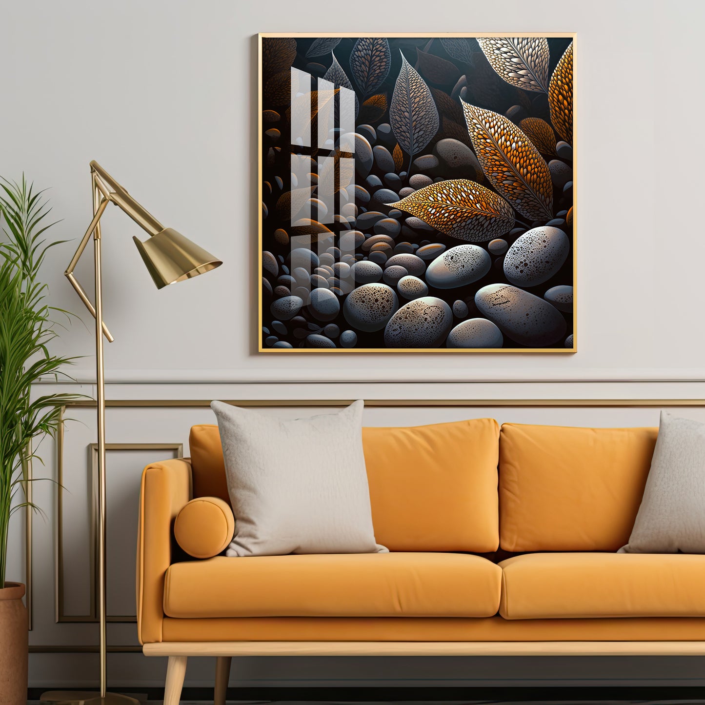 Leaves and Stones Glass Finish Square Wall Art