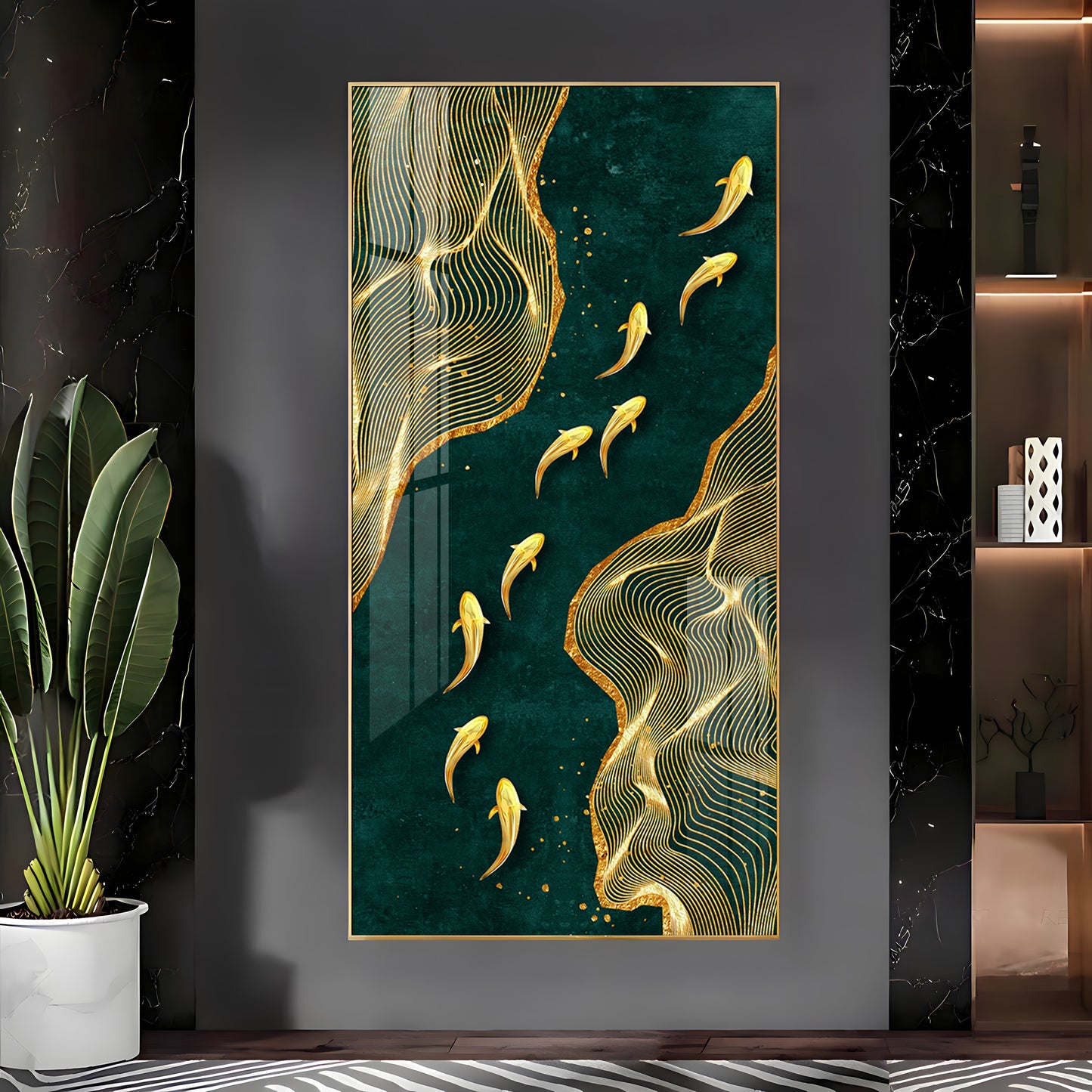 Oceanic Gold Fish Glass Finish Vertical Wall Art