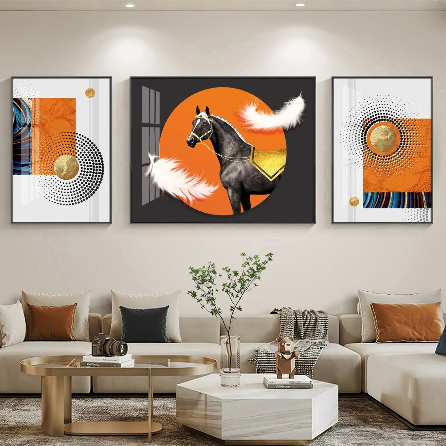 Horse & Feather Glass Finish Wall Art (Set Of 3)