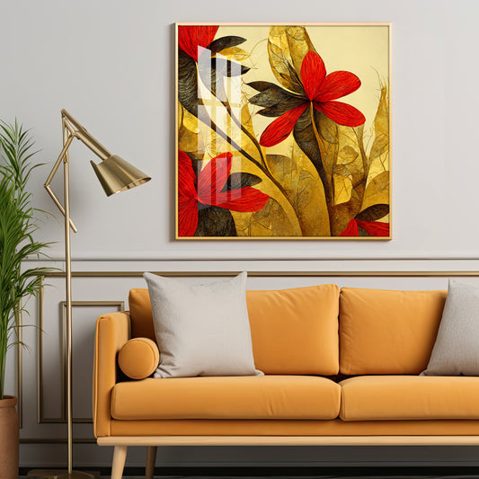 Scarlet Bloom Glass Finish Square Wall Art