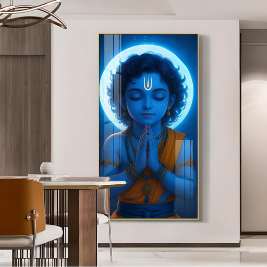 Praying Little krishna Glass Finish vertical Wall Art