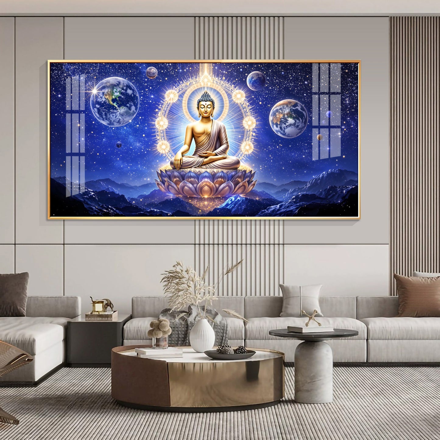 Illuminated Neon Buddha Glass Finish Horizontal Wall Art