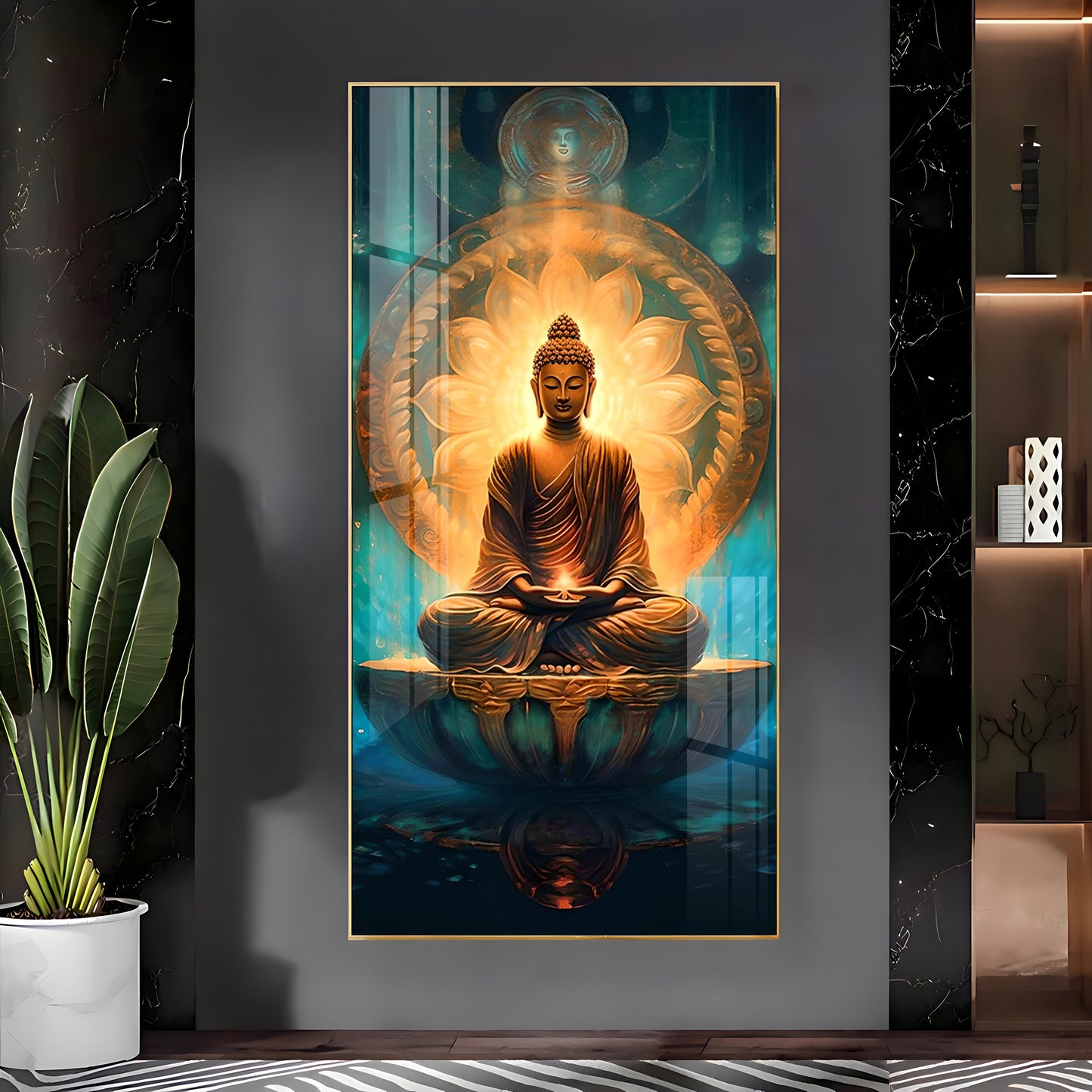 Buddha's Peaceful Retreat Glass Finish Vertical Wall Art