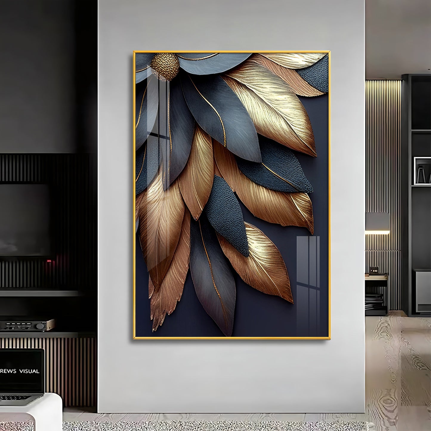 Golden Petal Elegance Glass Finish Vertical Wall Art