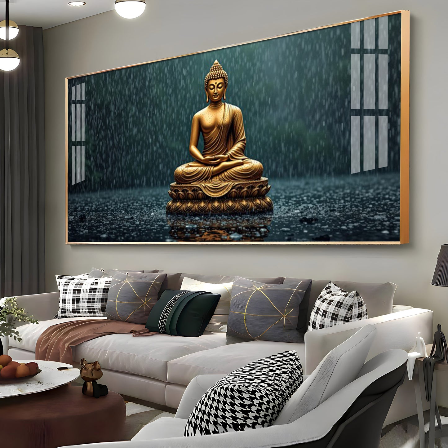 Golden Calm Budha Glass Finish Horizontal Wall Art