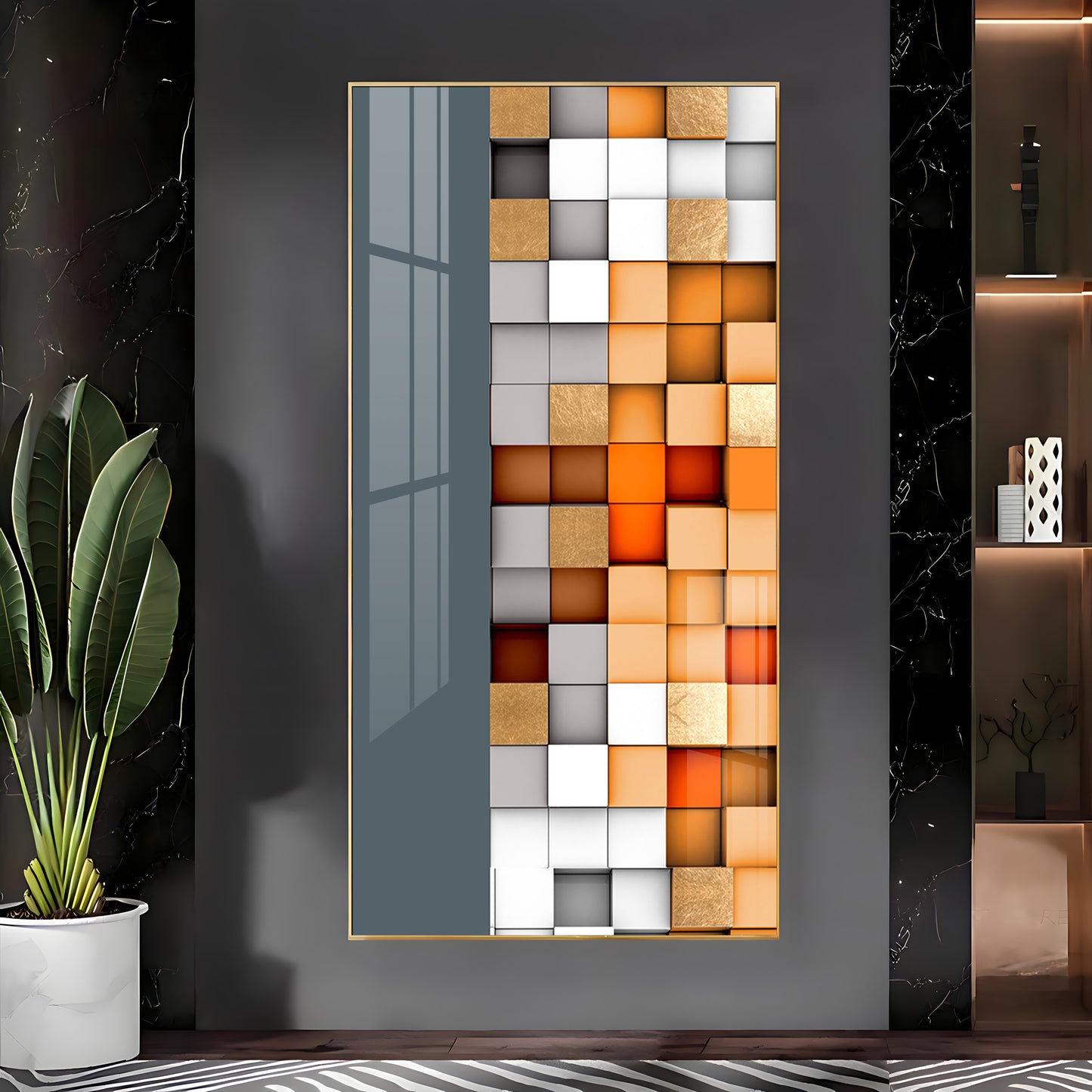 Multiple Abstract Blocks Glass Finish Vertical Wall Art