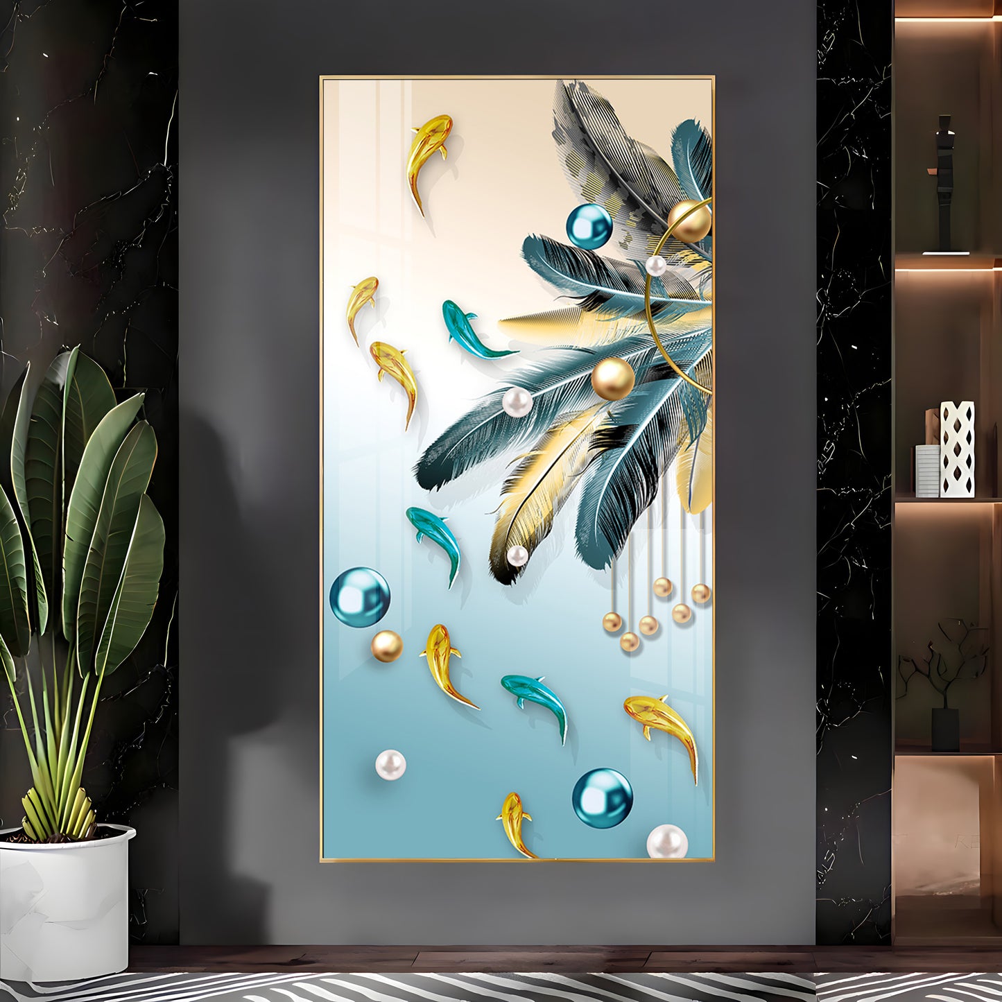 Majestic Blue-Gold Bird Glass Finish Vertical Wall Art