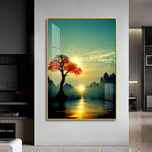 Golden Vista Glass Finish Vertical Wall Art