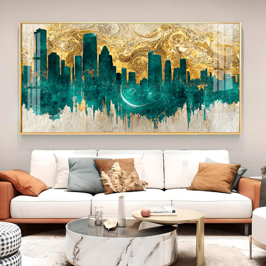 Golden Urban Vista Glass Finish Horizontal Wall Art