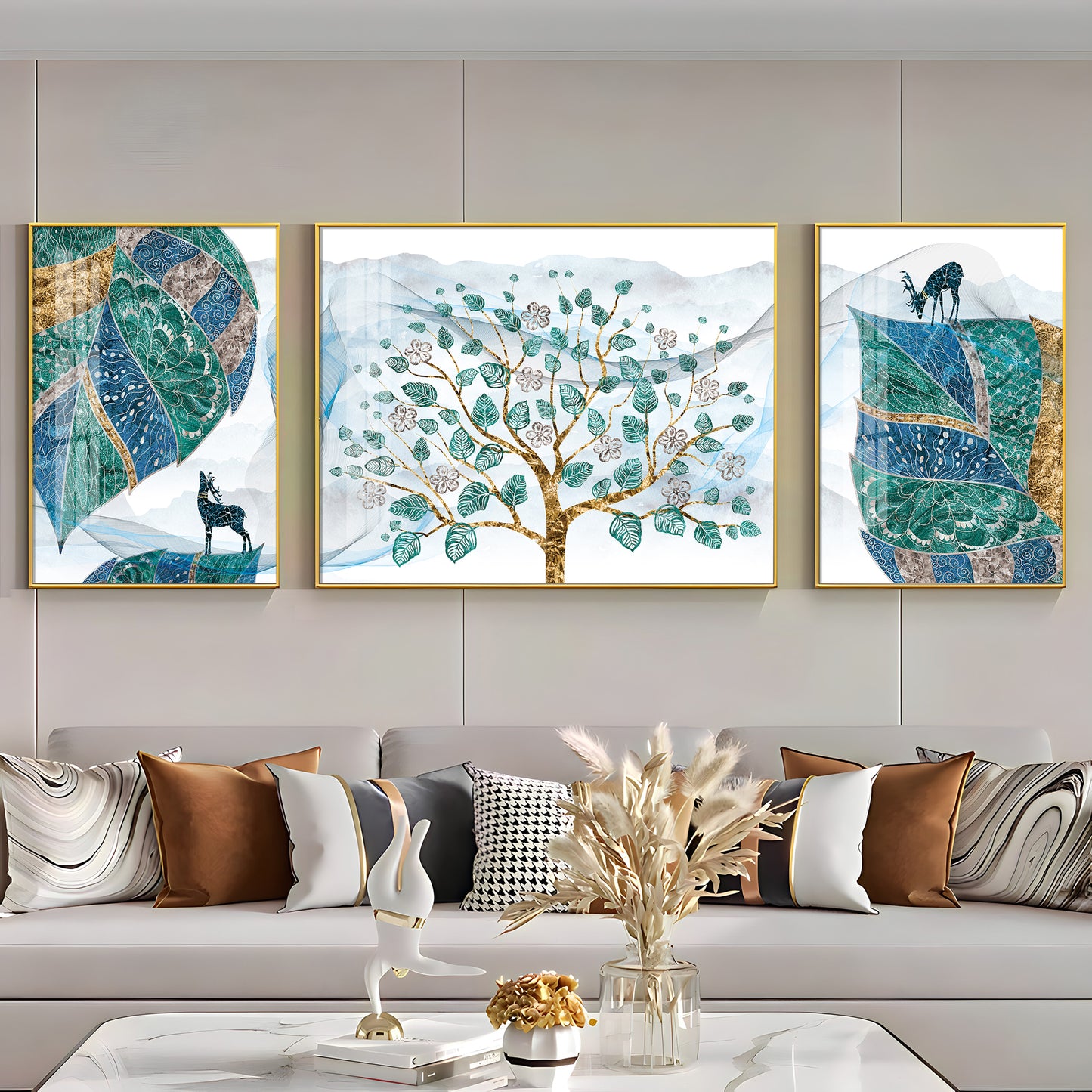 Deer & Tree Elegance Glass Finish Wall Art (Set Of 3)