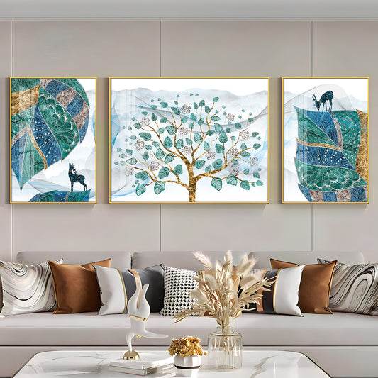 Deer & Tree Elegance Glass Finish Wall Art (Set Of 3)