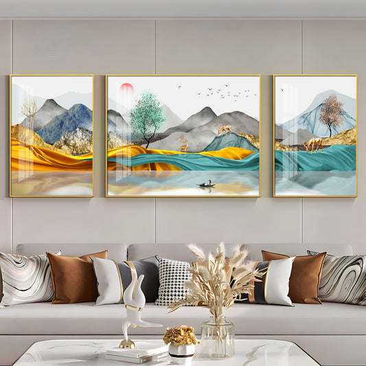 Mountain Scenery Glass Finish Wall Art (Set Of 3)