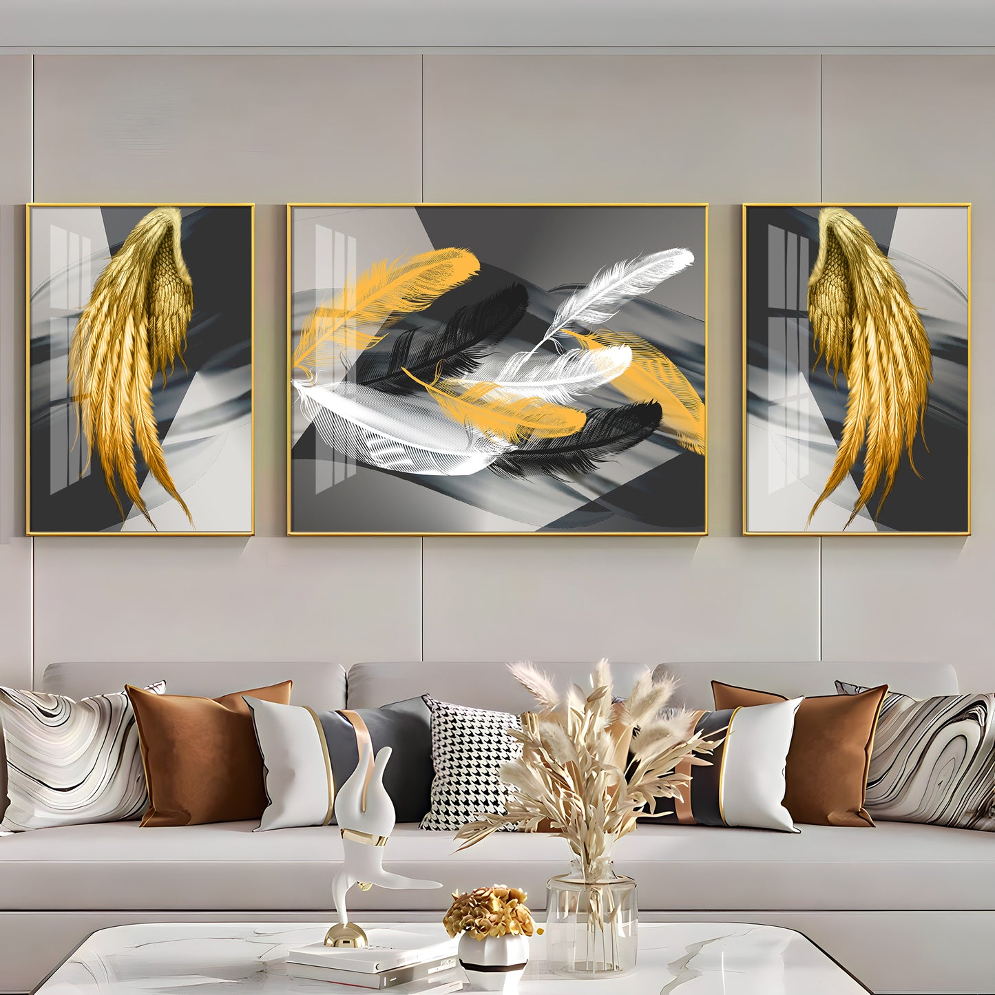 Golden & White Feather Glass Finish Wall Art (Set Of 3)