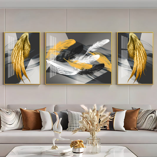 Golden & White Feather Glass Finish Wall Art (Set Of 3)