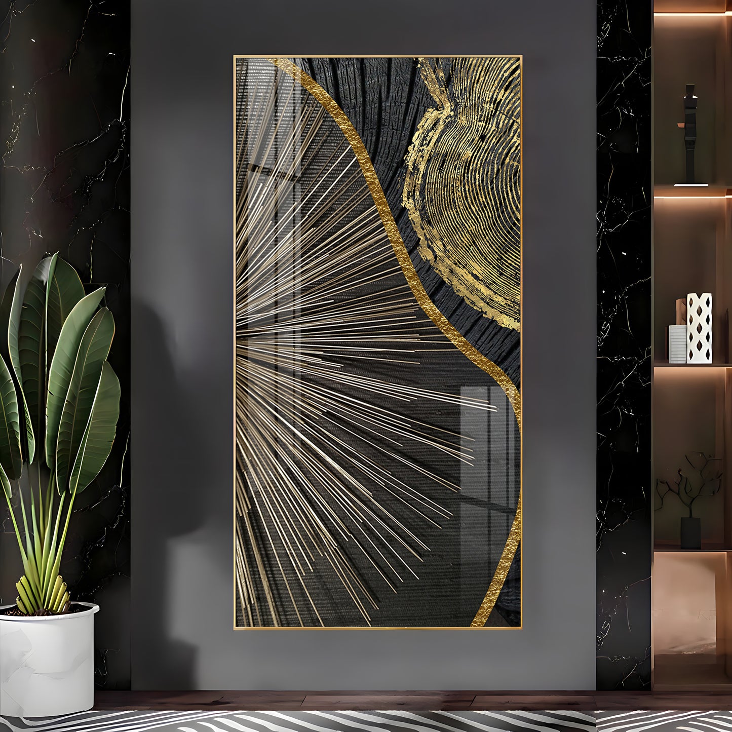 Golden Abyss Glass Finish Vertical Wall Art
