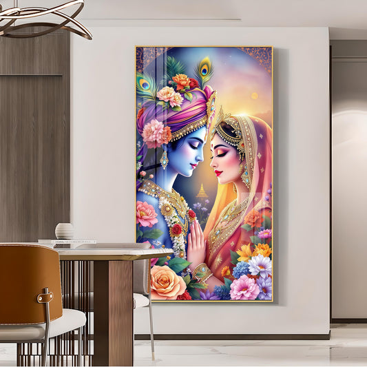 Divine Love Of Radha Krishna Glass Finish Vertical Wall Art