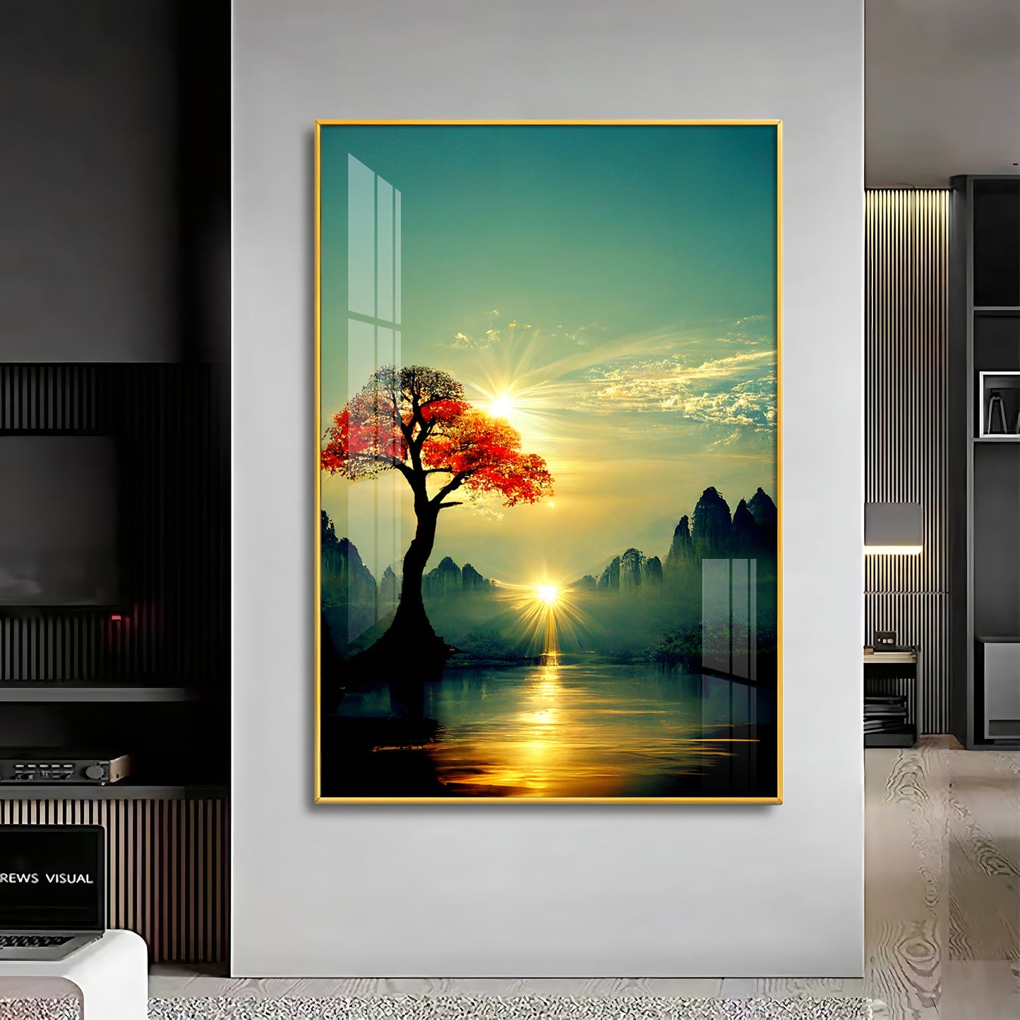 Golden Vista Glass Finish Vertical Wall Art