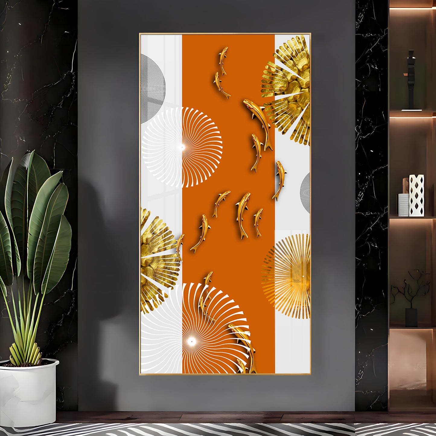 Orange And White Elegance Glass Finish Vertical Wall Art