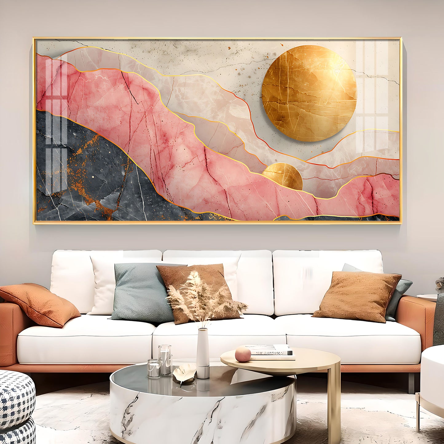 Pink and Gold Marble Stone Texture Glass Finish Horizontal Wall Art