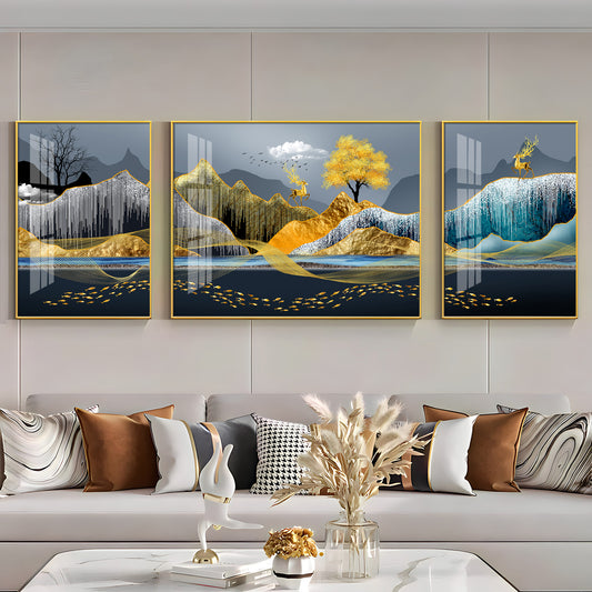 Celestial Mountain Glass Finish Wall Art (Set Of 3)