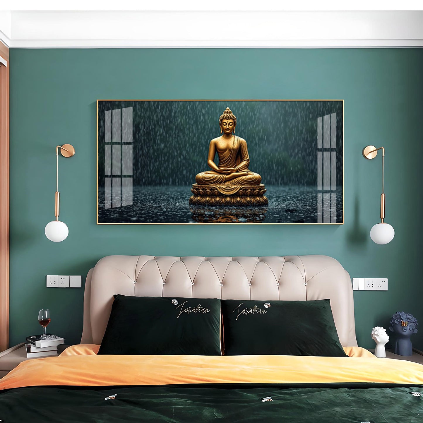 Golden Calm Budha Glass Finish Horizontal Wall Art