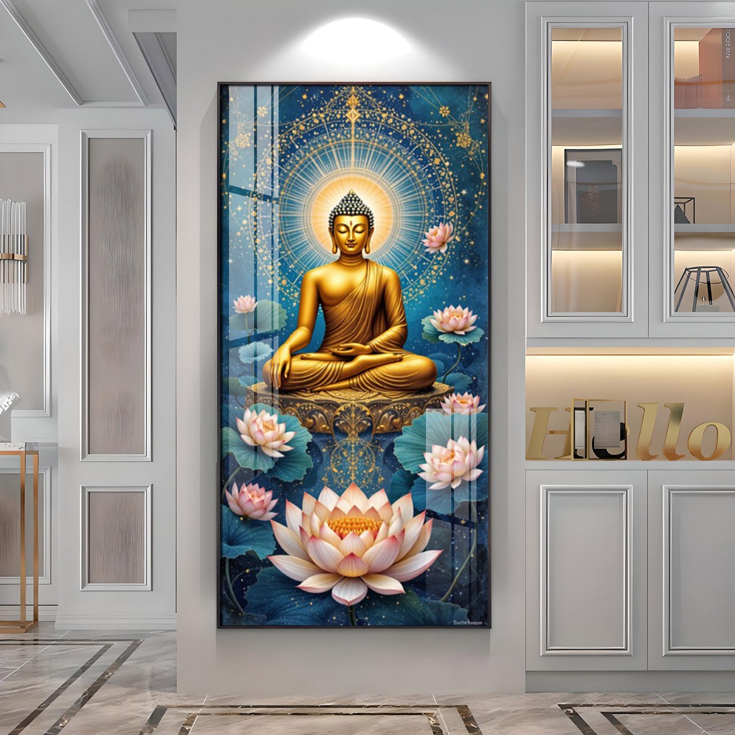 Meditating Buddha With White Lotus Glass Finish Vertical Wall Art