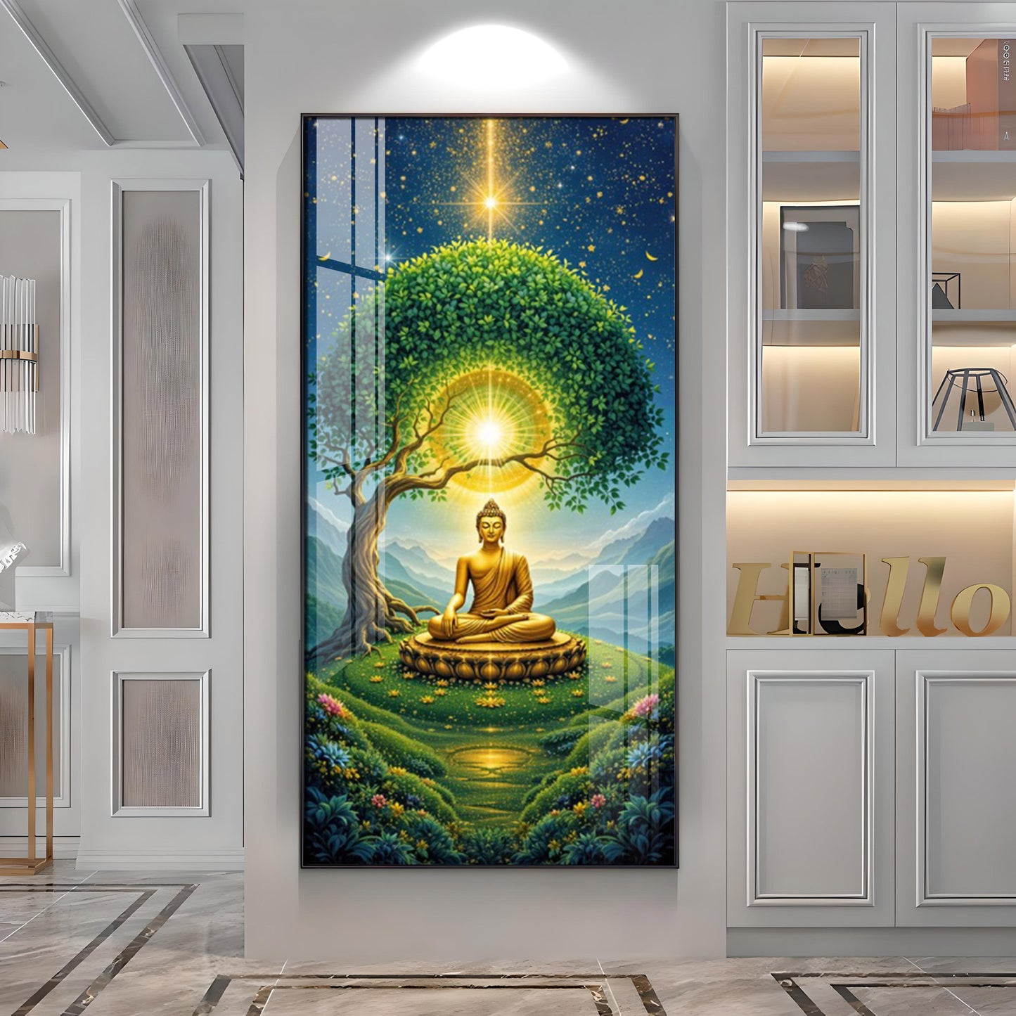 Meditating Buddha In Nature Glass Finish Vertical Wall Art
